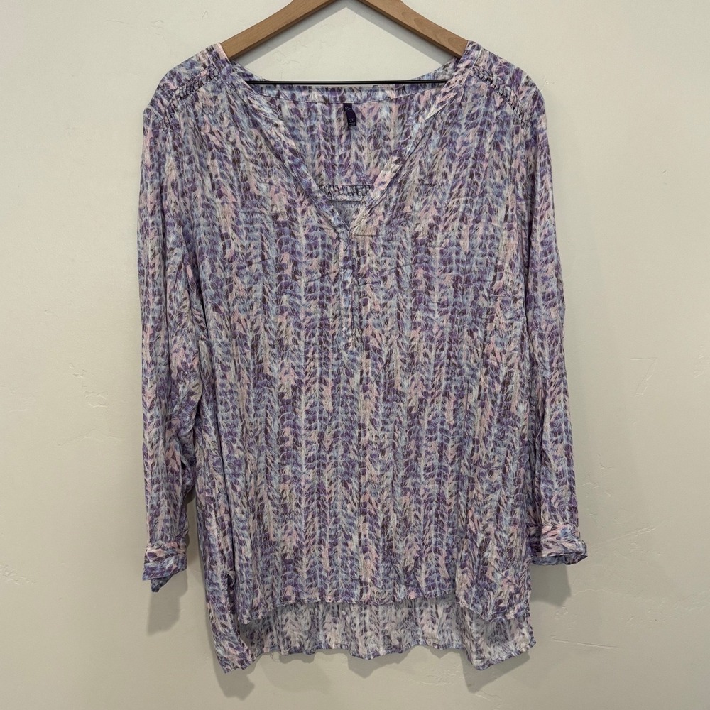 NYDJ Purple Abstract Feather Print V-Neck Roll Tab Blouse Boho Artsy Chic 2X